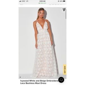 Lulu's Ivywood White and Beige Embroidered Lace Backless Maxi Dress Never Worn